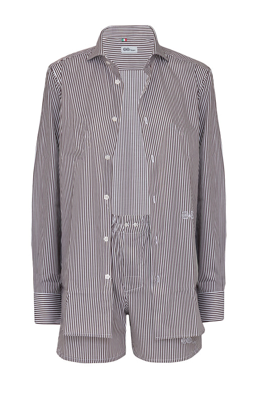 Camicia a Righe Marrone e Bianca in Cotone Popeline