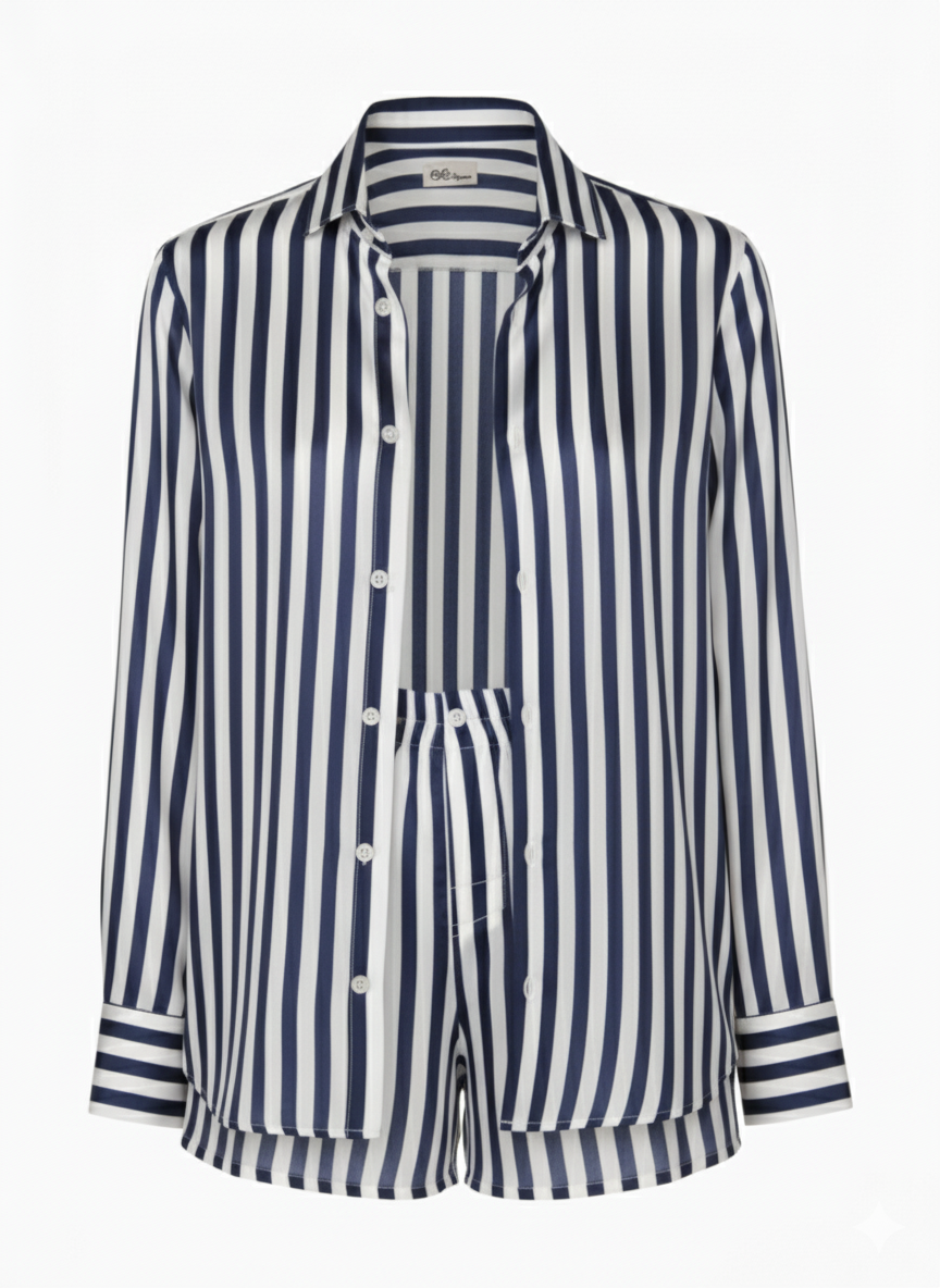 After Sex Caramì Navy Blue Striped Silk Pajamas