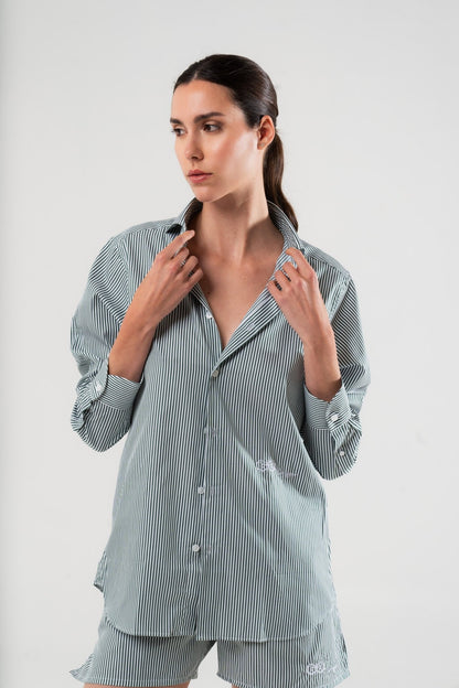 Camicia a Righe Verde e Bianca in Cotone Popeline - Carami - Caramì Lingerie & Activewear Made in Italy