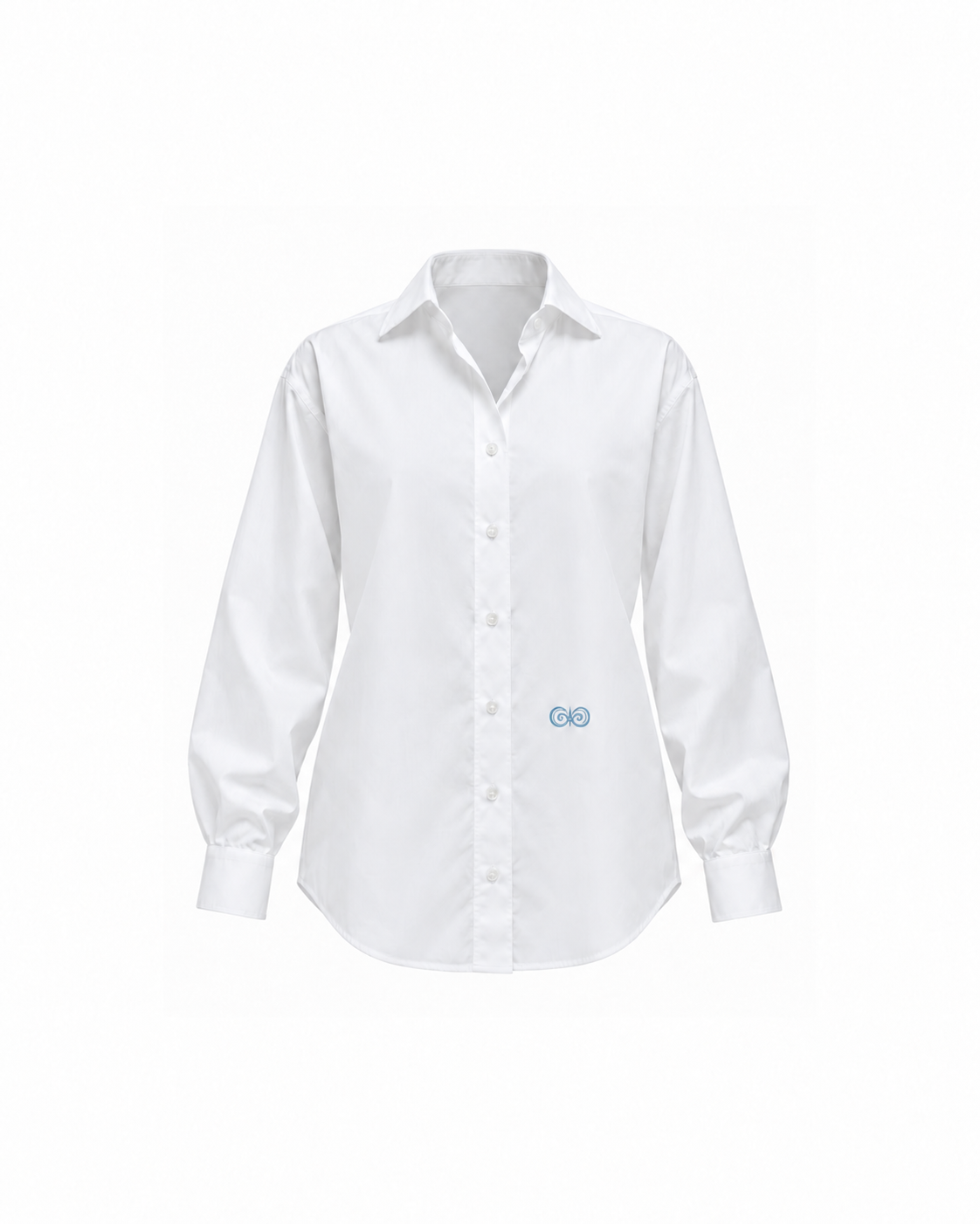 Camicia bianca Caramì in popeline no stiro con simbolo azzurro ricamato, vista frontale su fondo bianco