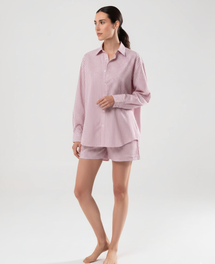 Pink Cotton Poplin Shirt and Boxer Shorts with Red Stripes Caramì