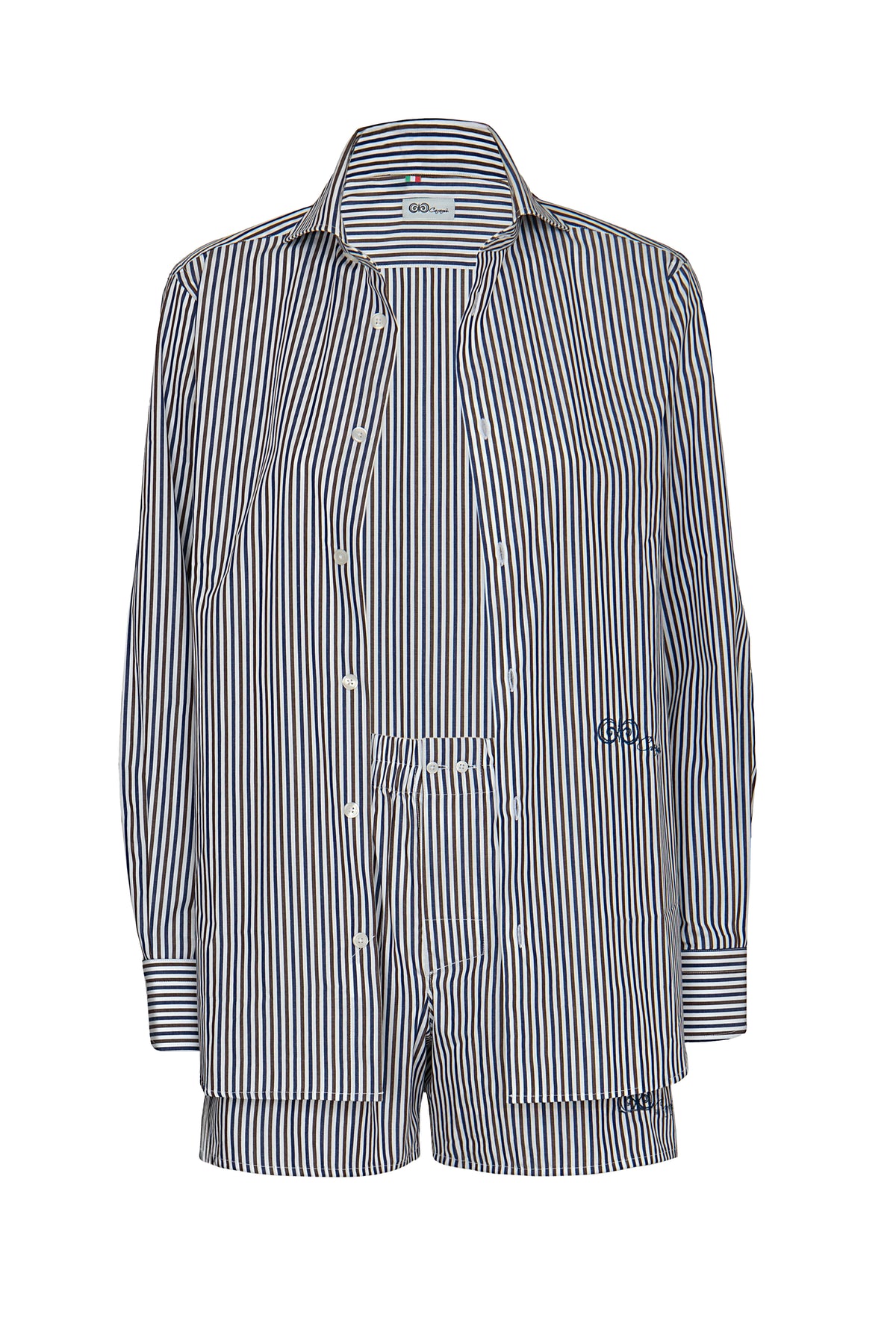 Caramì: Camicia tricolore blu e marrone in cotone; Boxer tricolore blu e marrone in cotone
