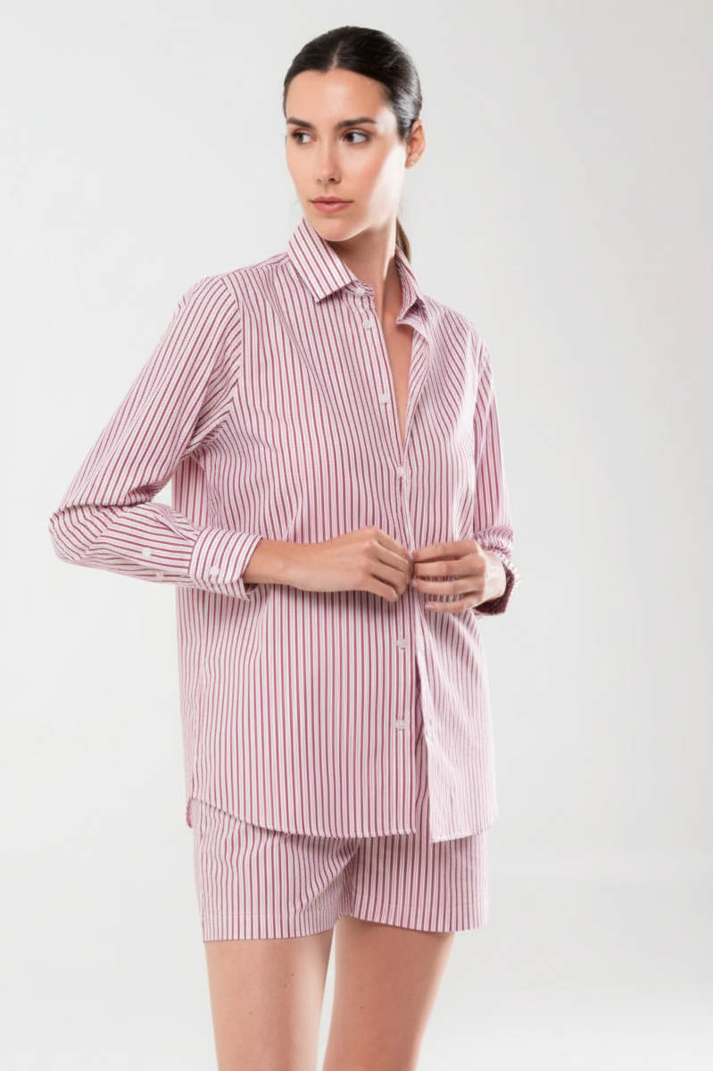 Camicia Rosa in cotone Popeline con Righe Rosse
