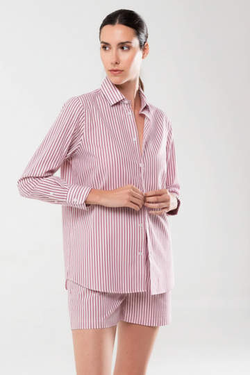Pink Poplin Cotton Shirt with Red Stripes