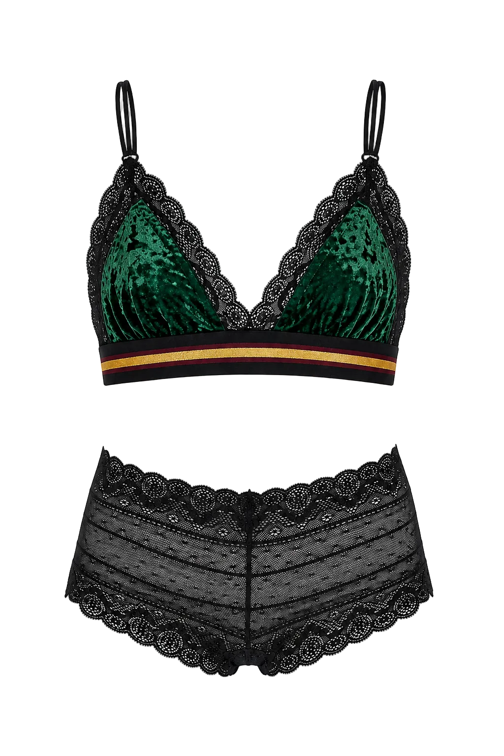 Reggiseno Caramì a triangolo in velluto verde bosco con culotte Gilda nera in pizzo.