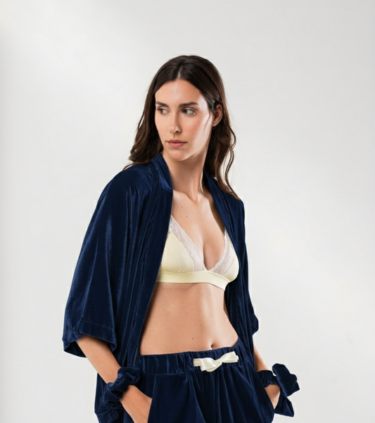 Kimono corto in velluto di seta blu