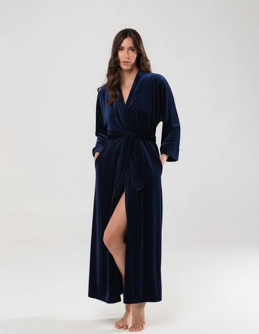 Kimono in velluto di seta blu