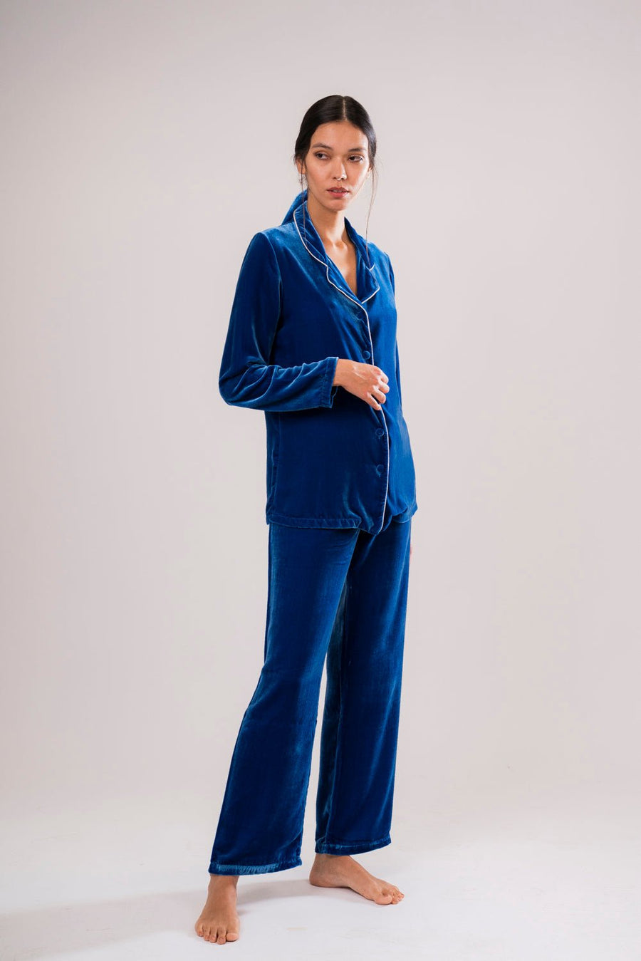 Pantalone in Velluto di Seta Blu