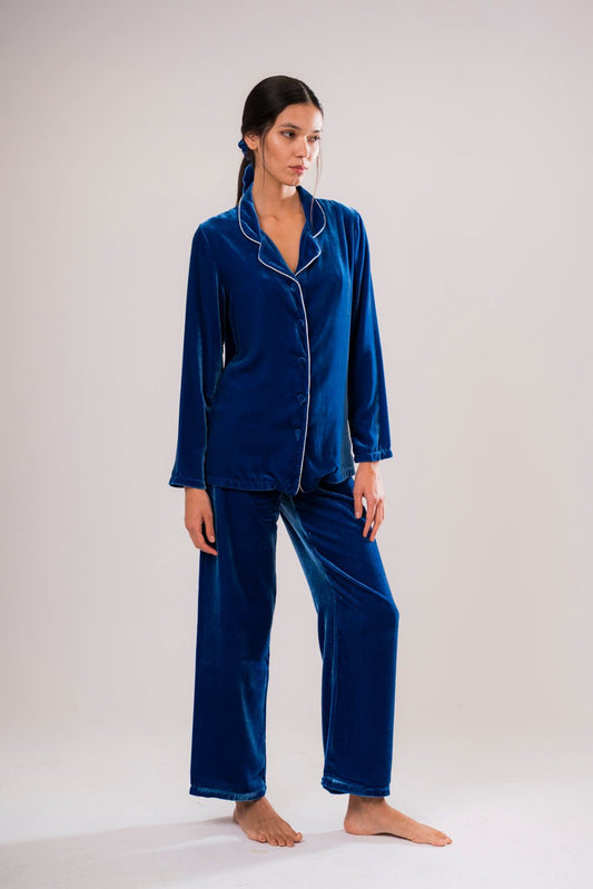 Pantalon en Velours de Soie Bleu
