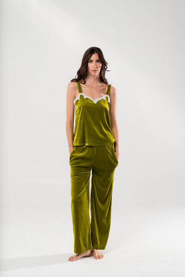 Pantalone in Velluto di Seta Verde