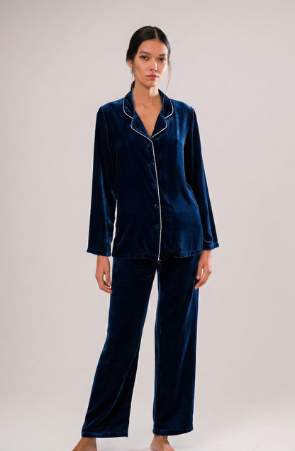 Pigiama Set in Velluto di Seta Blu